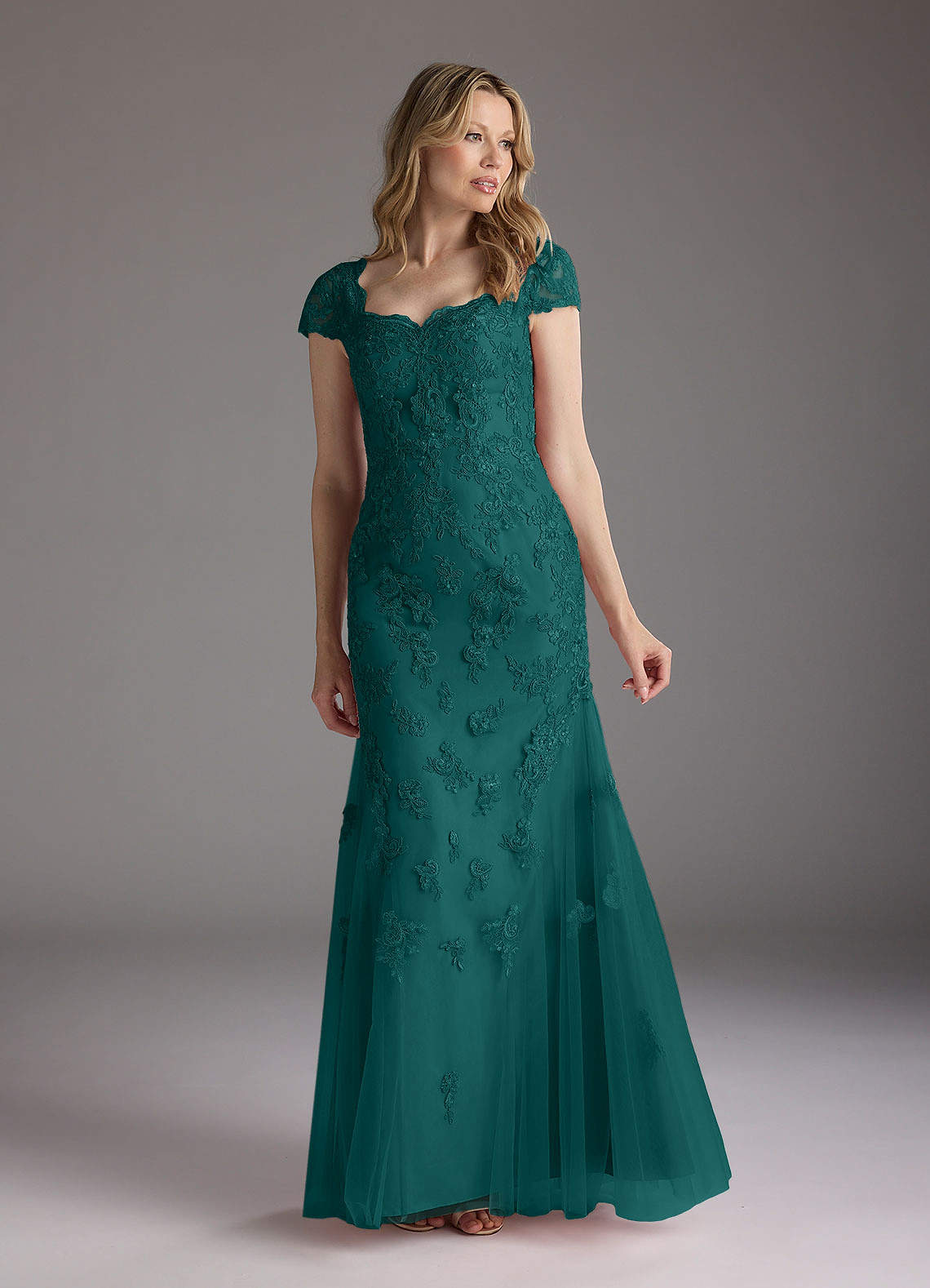 knee length dresses for ladies Peacock Chiffon Lace Turtle Neck Long Sleeves A-Line Formal Gown main image 1