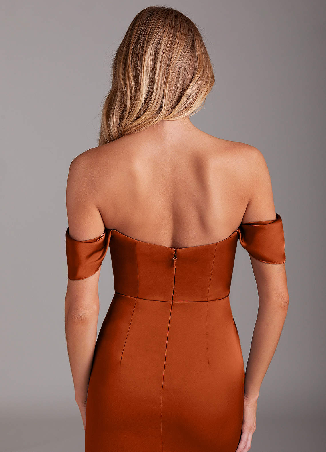 Azazie Saige Bridesmaid Dresses Burnt Orange Sheath Off the Shoulder Stretch Satin Dress image8
