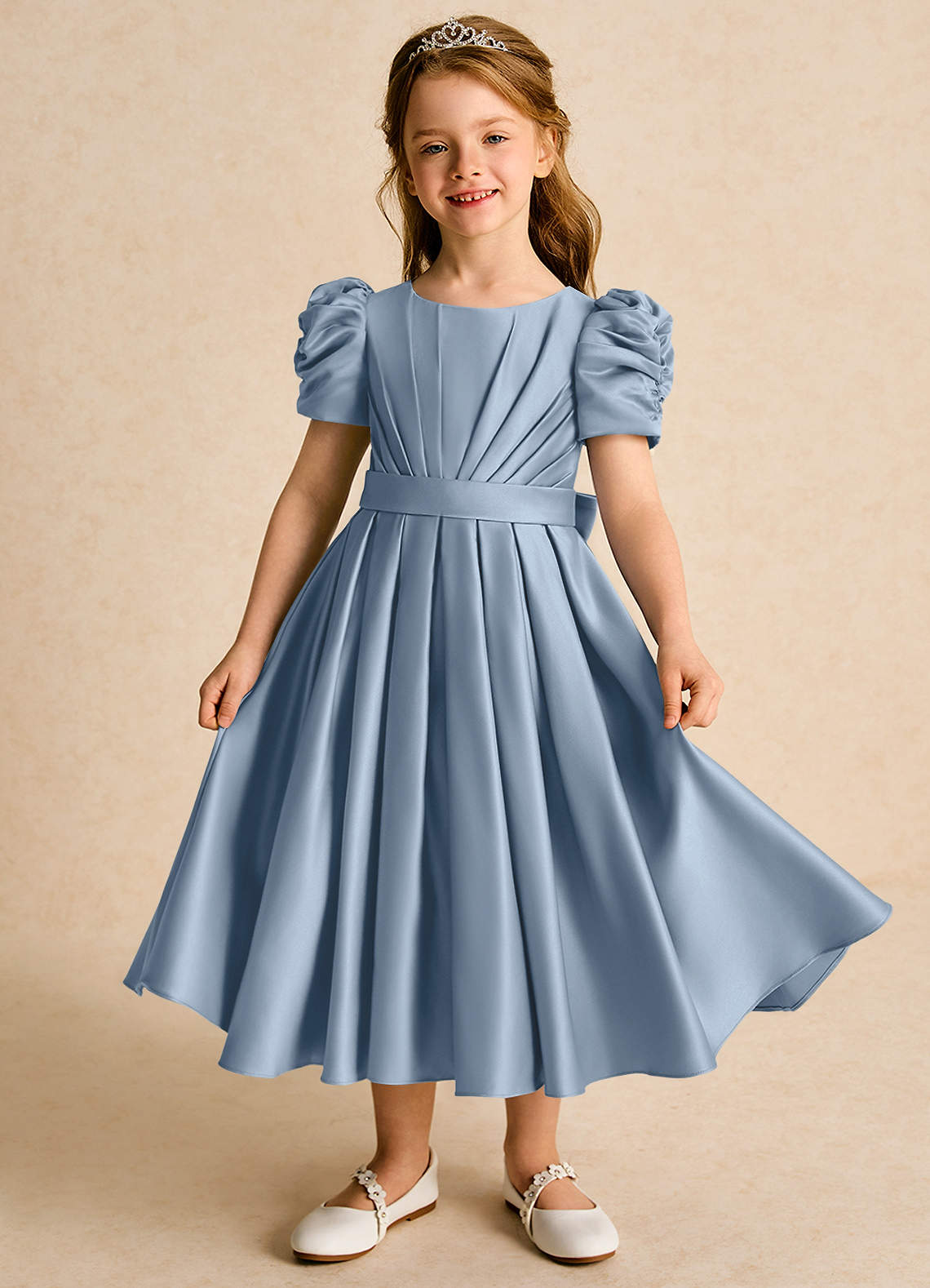 Azazie Miriam Abiti da Ragazza di Fiori Abito Principessa in Raso Opaco Plissettato Blu Polveroso image1