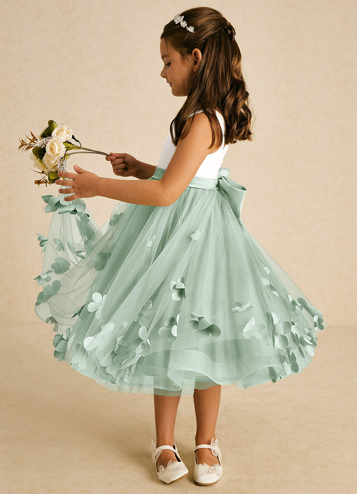 Azazie Sprout Flower Girl Dresses Agave A-Line Bow Tulle Dress image3