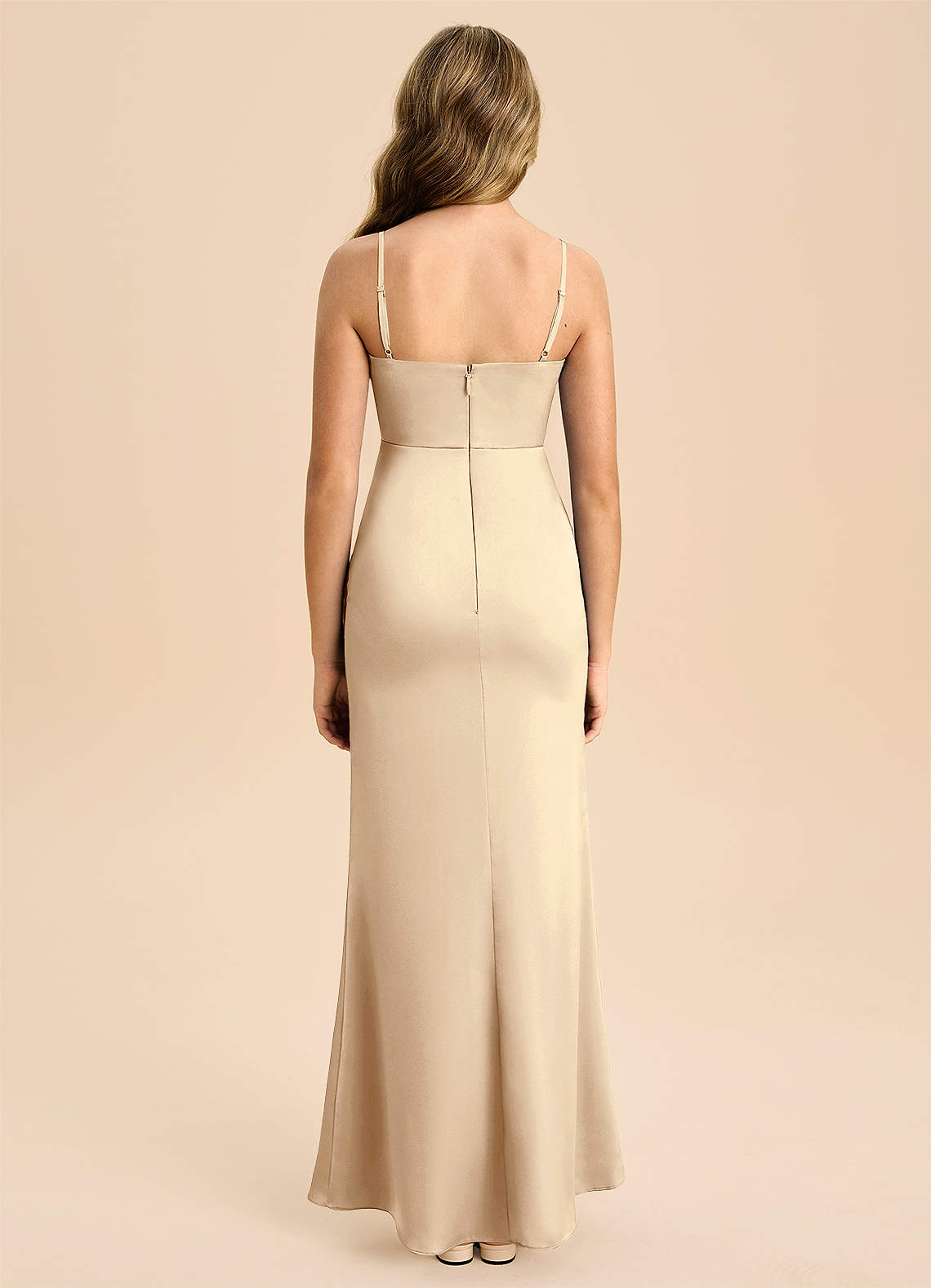 Azazie Buzzy Junior Champagne Sheath Pleated Stretch Satin Dress image1