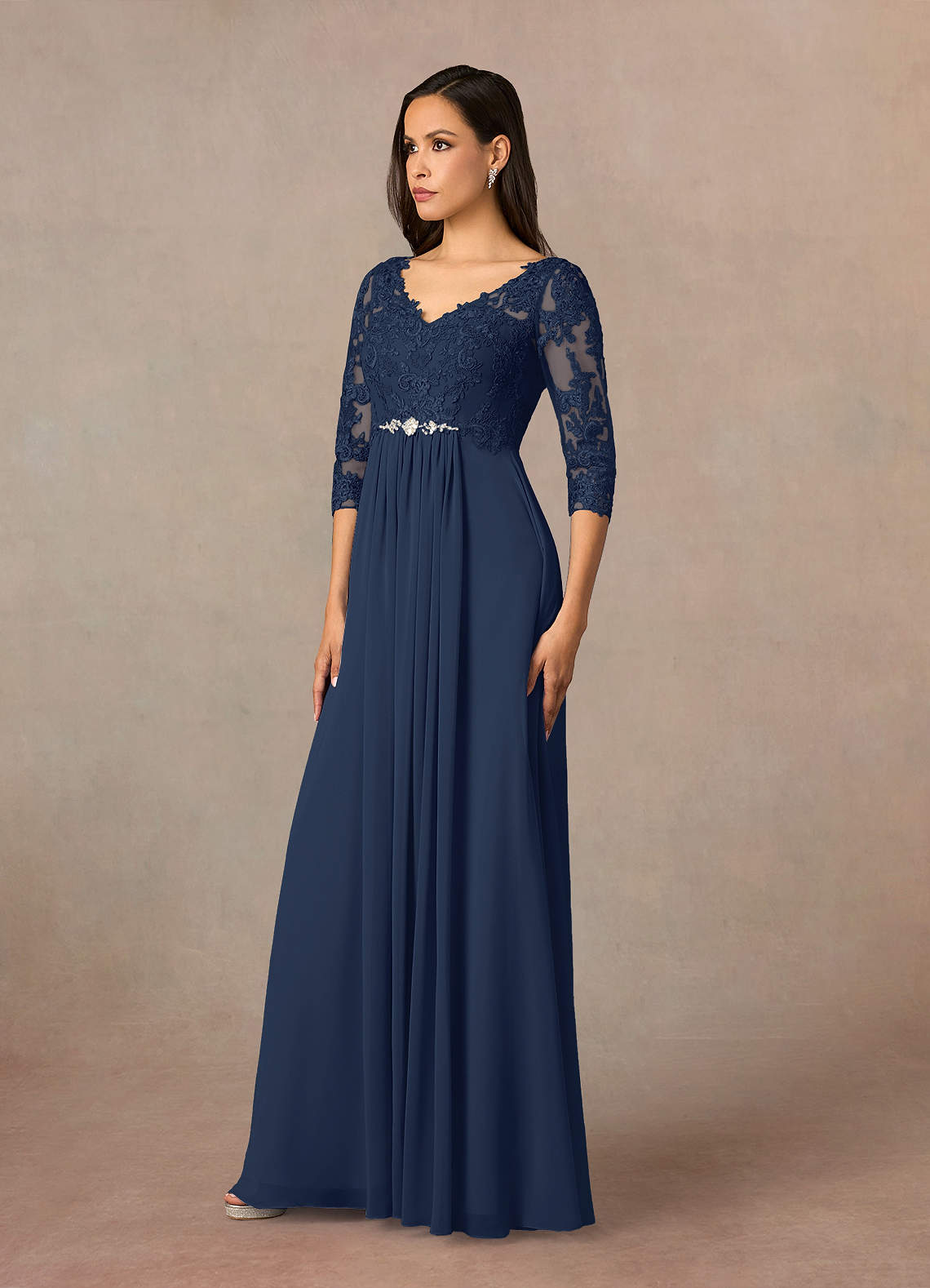 Azazie Hayek Mother of the Bride Dresses Dark Navy A-Line V-Neck Lace Chiffon Dress image1