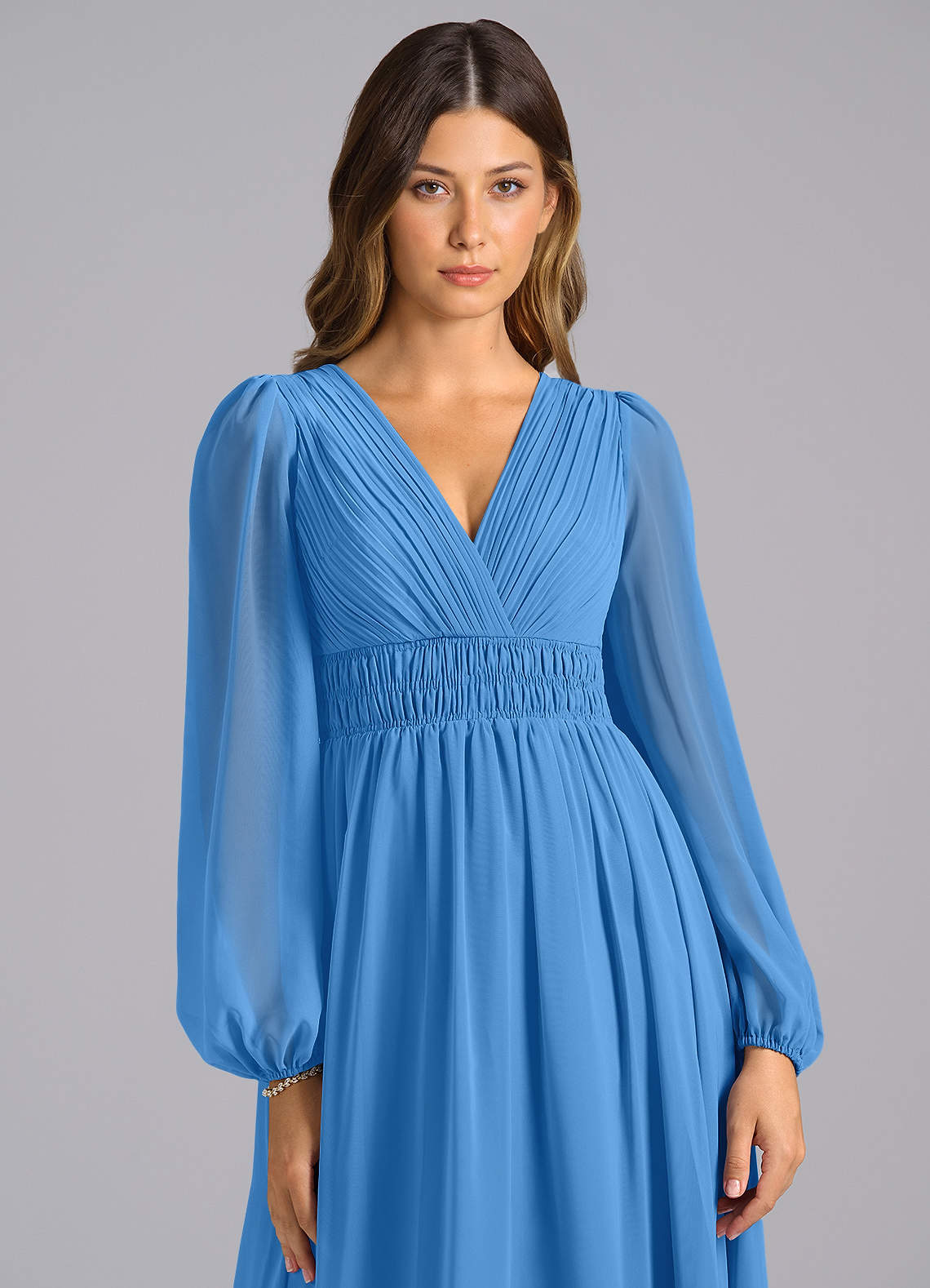 Azazie Palerma Bridesmaid Dresses Blue Jay A-Line Long Sleeve Chiffon Dress image5