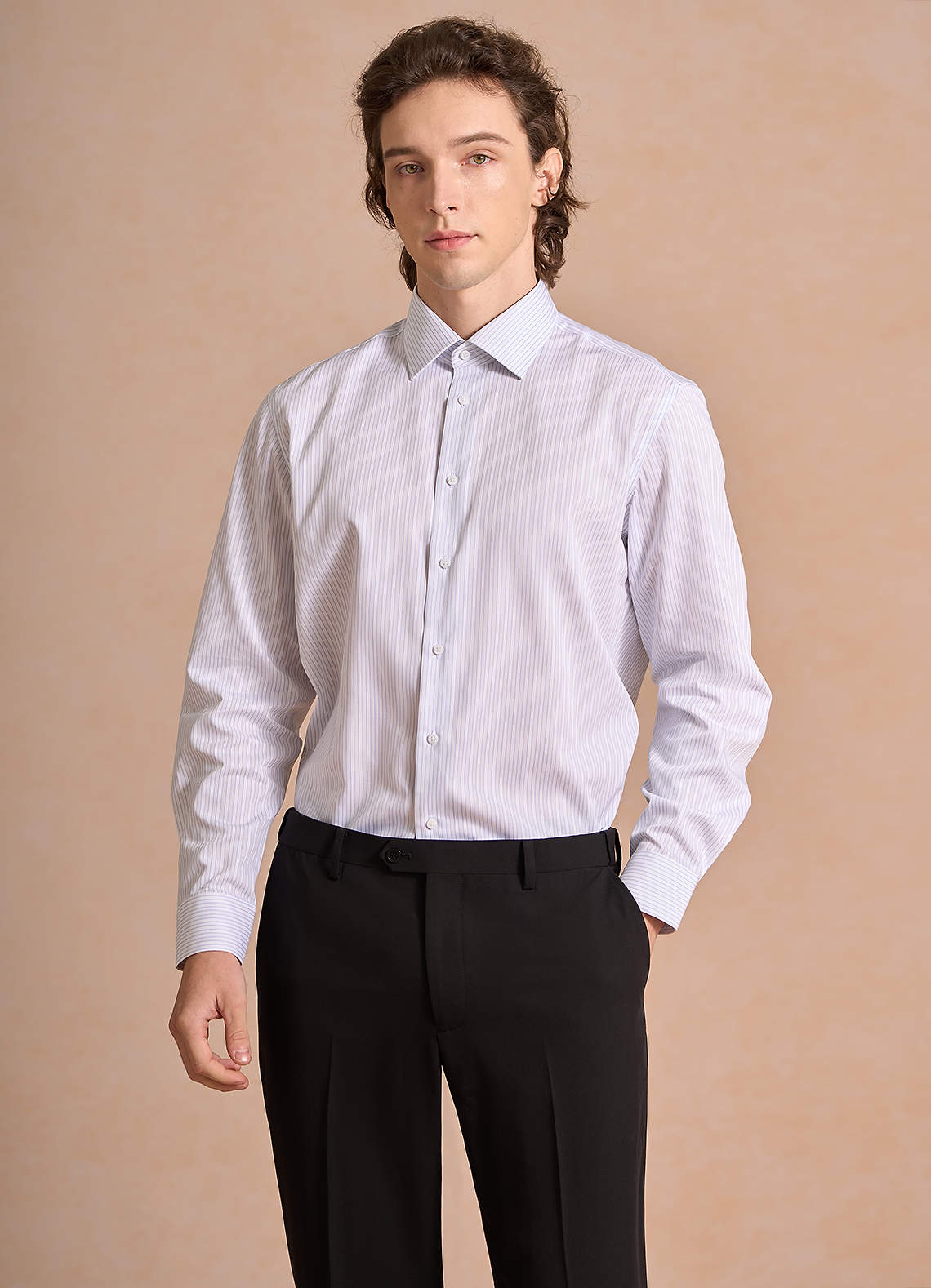 front Aiden Light Oxford Blue 100% Cotton Non-Iron Striped Dress Shirt