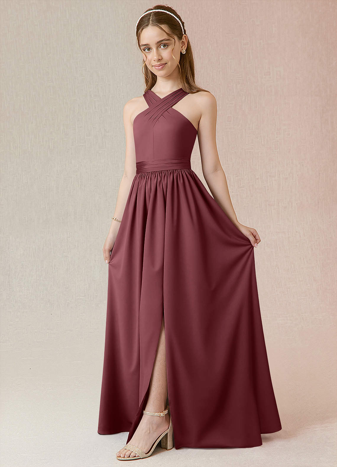 Azazie Jiya Junior Desert Rose A-Line Pleated Stretch Satin Dress image1