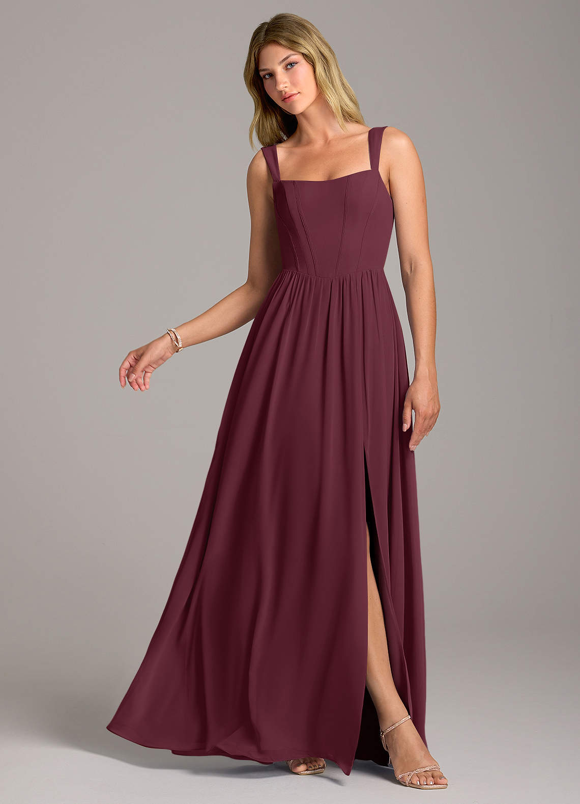 Azazie Rosaline Bridesmaid Dresses Cabernet A-Line Side Slit Chiffon Dress image1