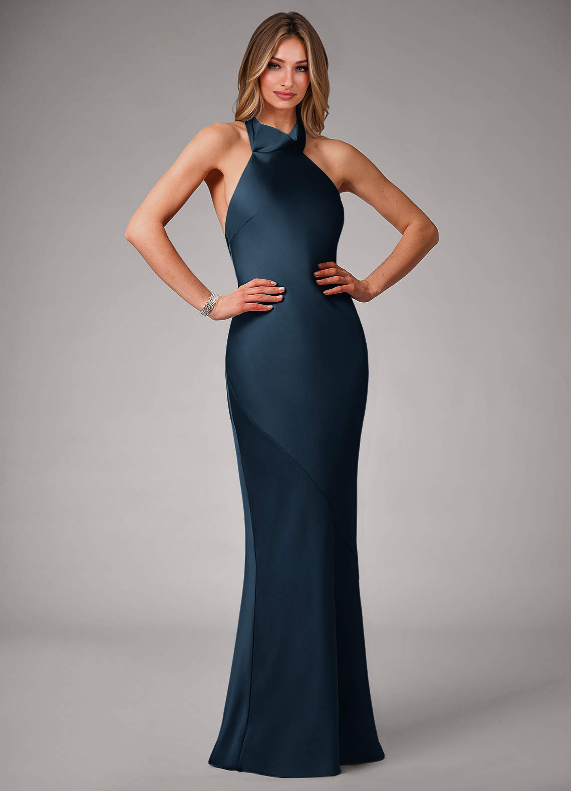 navy mermaid bridesmaid dresses Azazie Plus Size Halter Neck Floor-Length Stretch Satin Width:Standard Adult Dark Red Riding prop-65-reproductive-harm length8