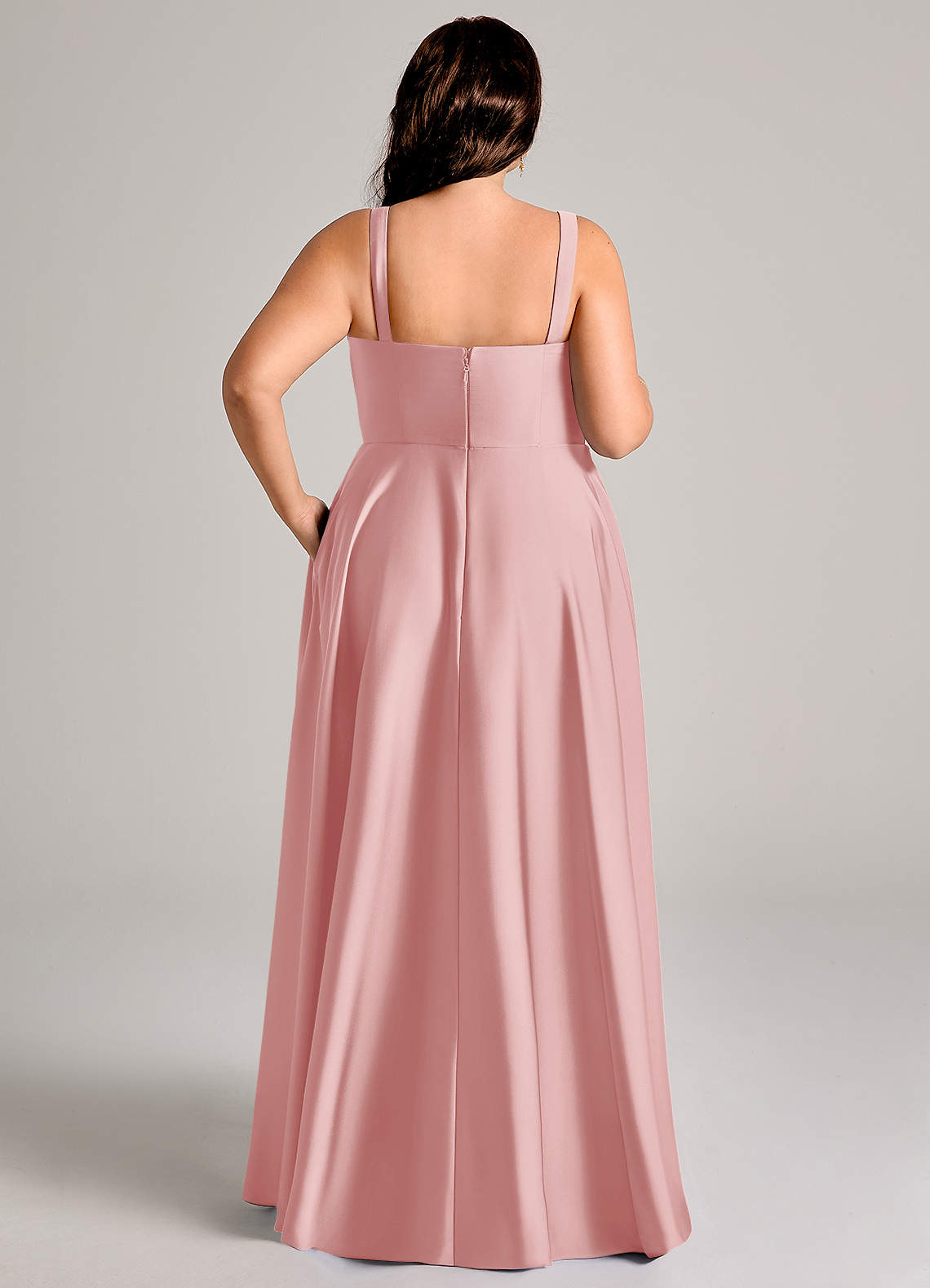Azazie Shaude Bridesmaid Dresses Powder Pink A-Line Pleated Stretch Satin Dress image12