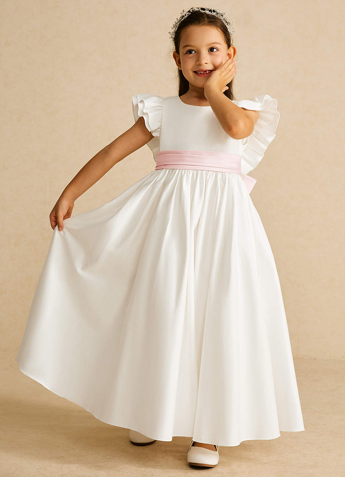 Azazie Aero Flower Girl Dresses Ivory Blushing Pink A-Line Pleated Cotton Dress image5