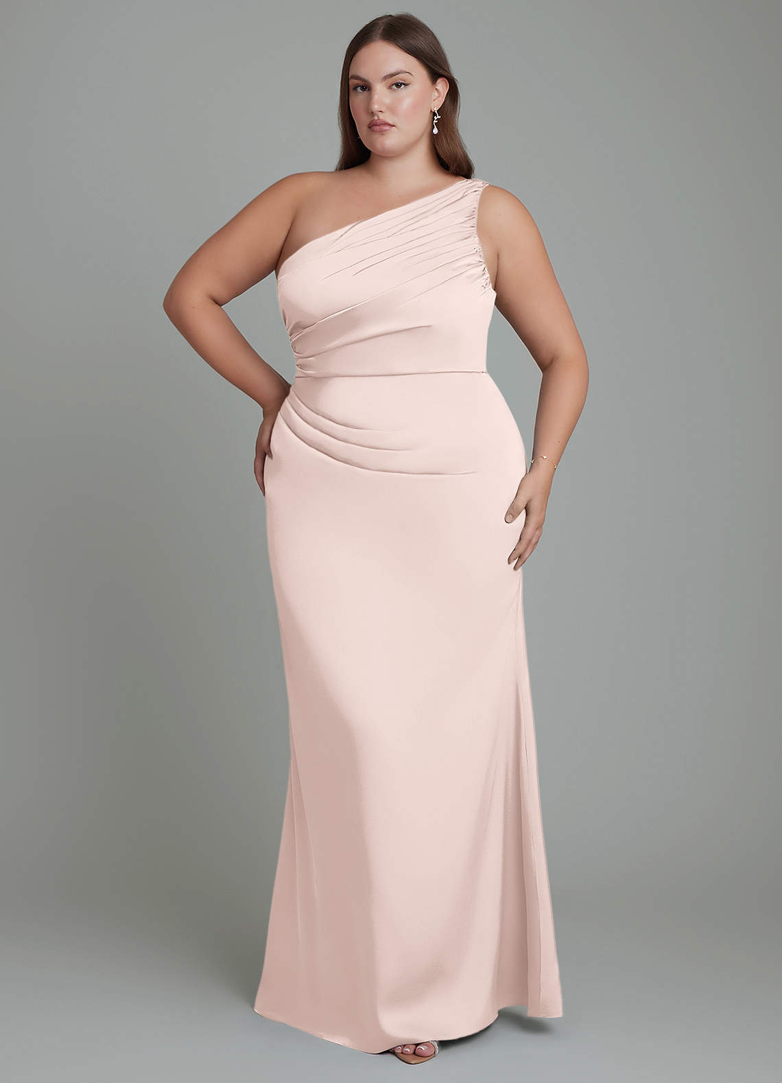 Azazie Akilah Bridesmaid Dresses Blushing Pink Mermaid One Shoulder Stretch Satin Dress image1