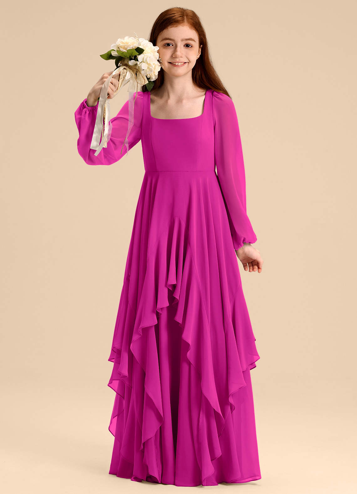 Azazie Clara Junior Abito A-Line in Chiffon Blusa Fucsia image1