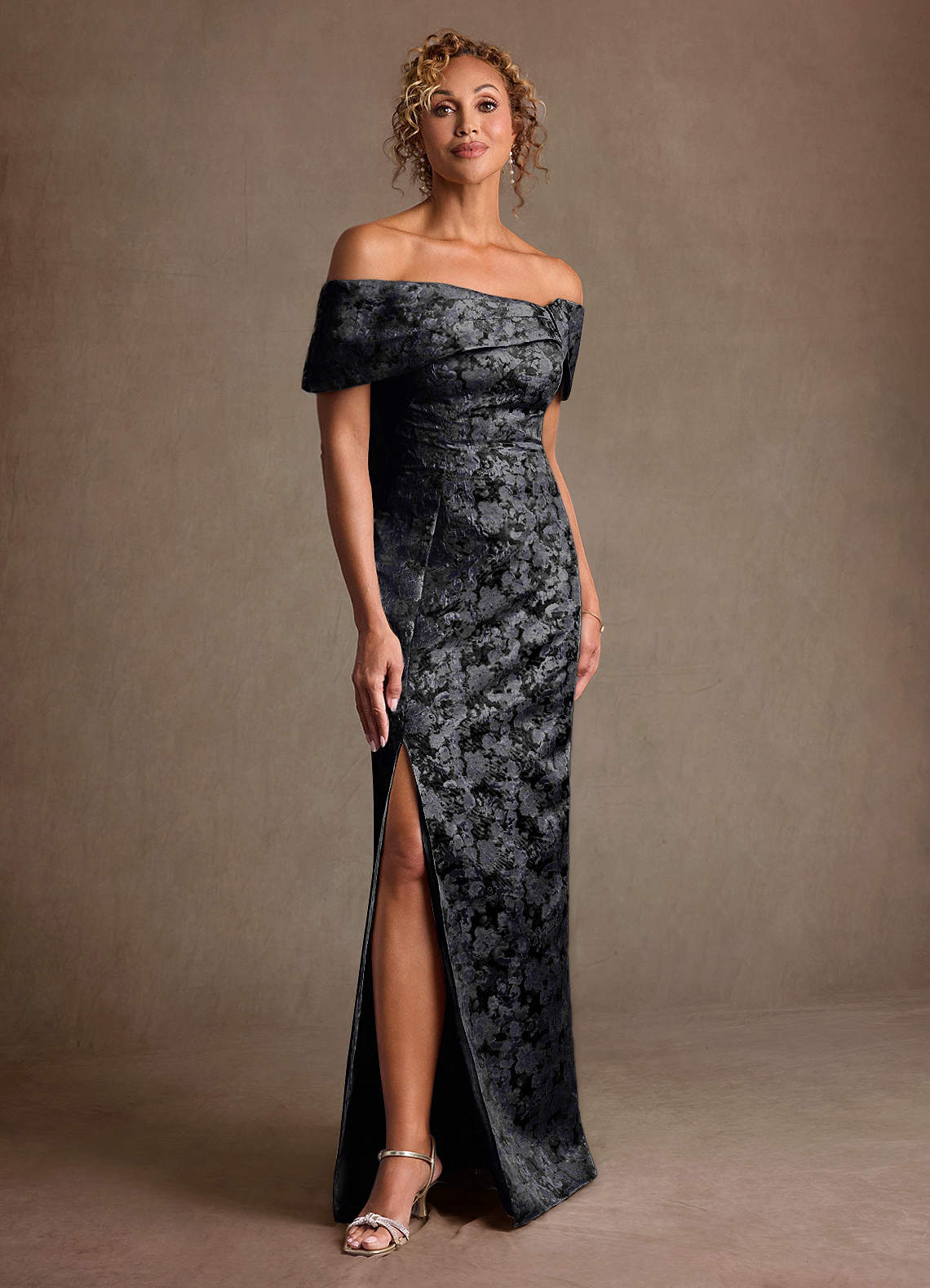 Azazie Zion Black Sheath Off the Shoulder Floral Jacquard Dress