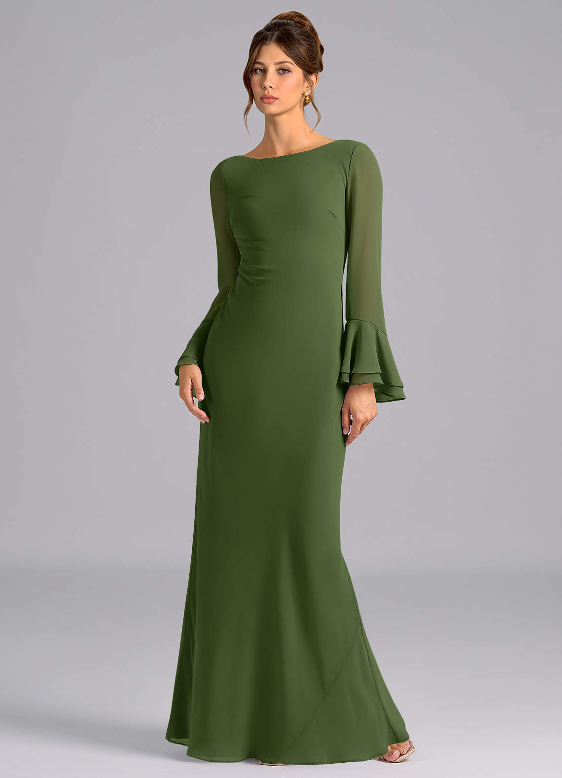 Azazie Leone Brautjungfernkleider Meerjungfrau-Linie Korsett Chiffon Kleid Olivgrün image1