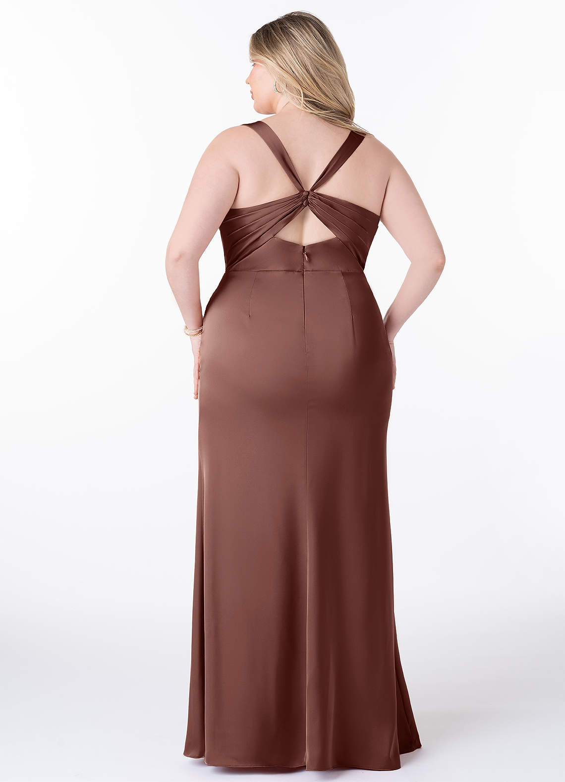 Azazie Mero Vestidos de madrinha de casamento Vestido Café Expresso de Cetim elástico de Bainha com Plissado image7