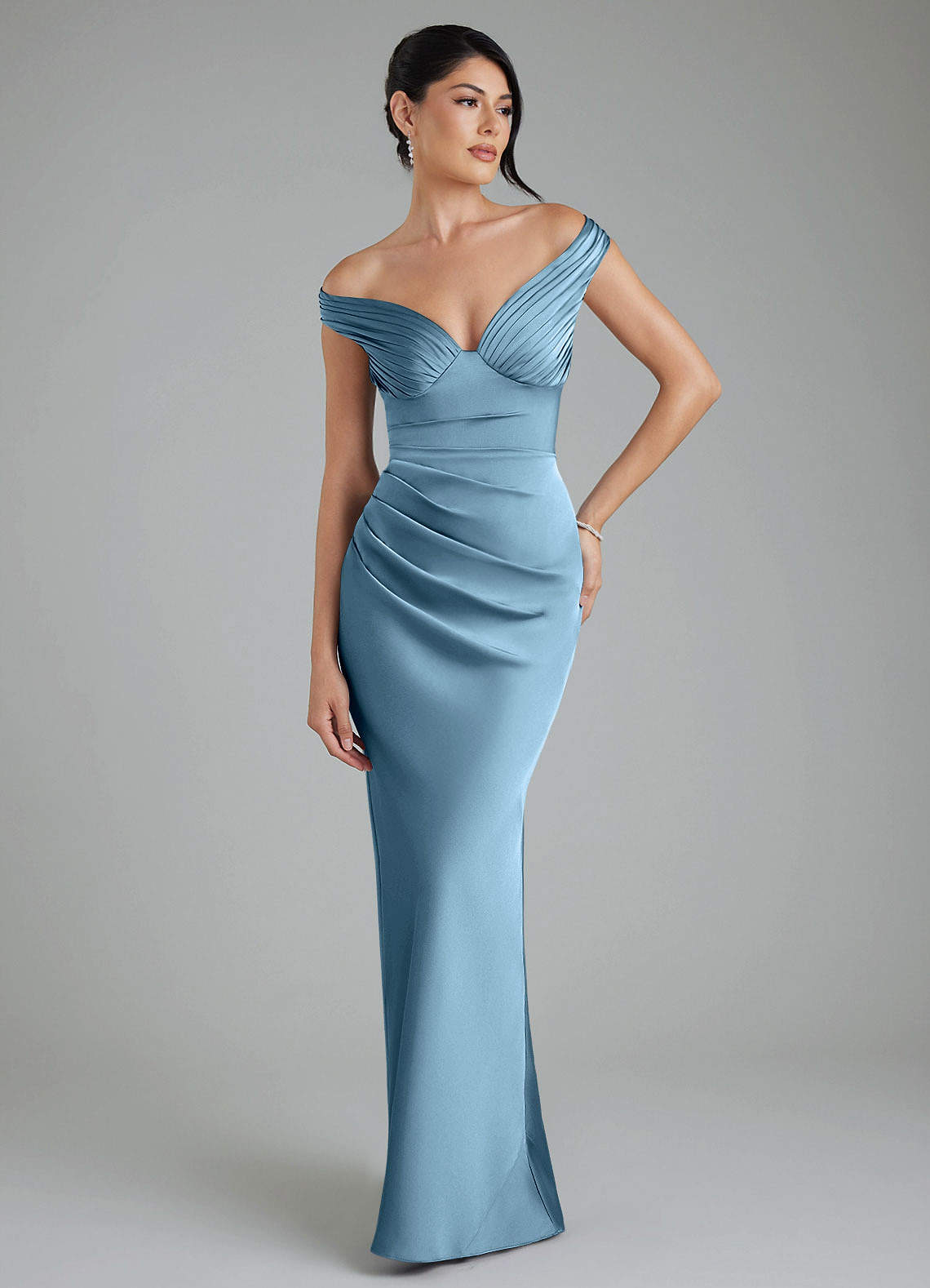 steel blue satin bridesmaid dresses Azazie Seona