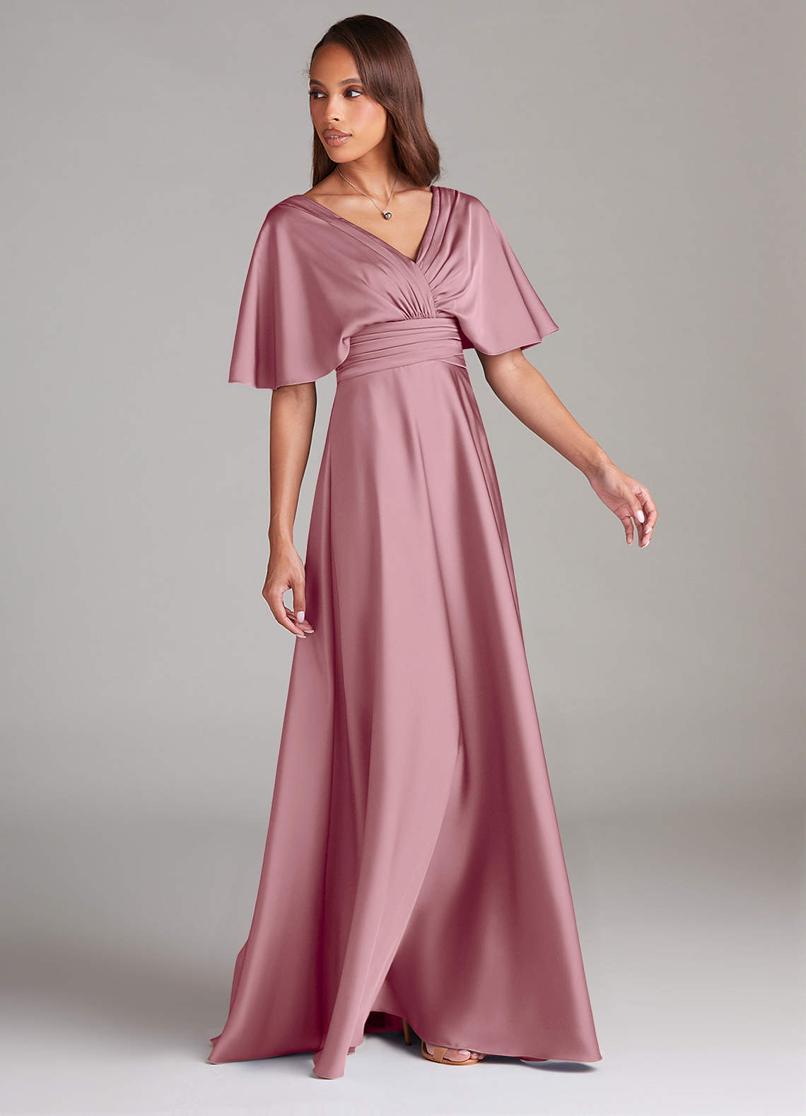 Azazie A-Line V-Neck Floor-Length Stretch Satin Bridesmaid Dresses - Vintage Mauve Azazie A-Line V-Neck Floor-Length Stretch Satin Bridesmaid Dresses - Vintage Mauve