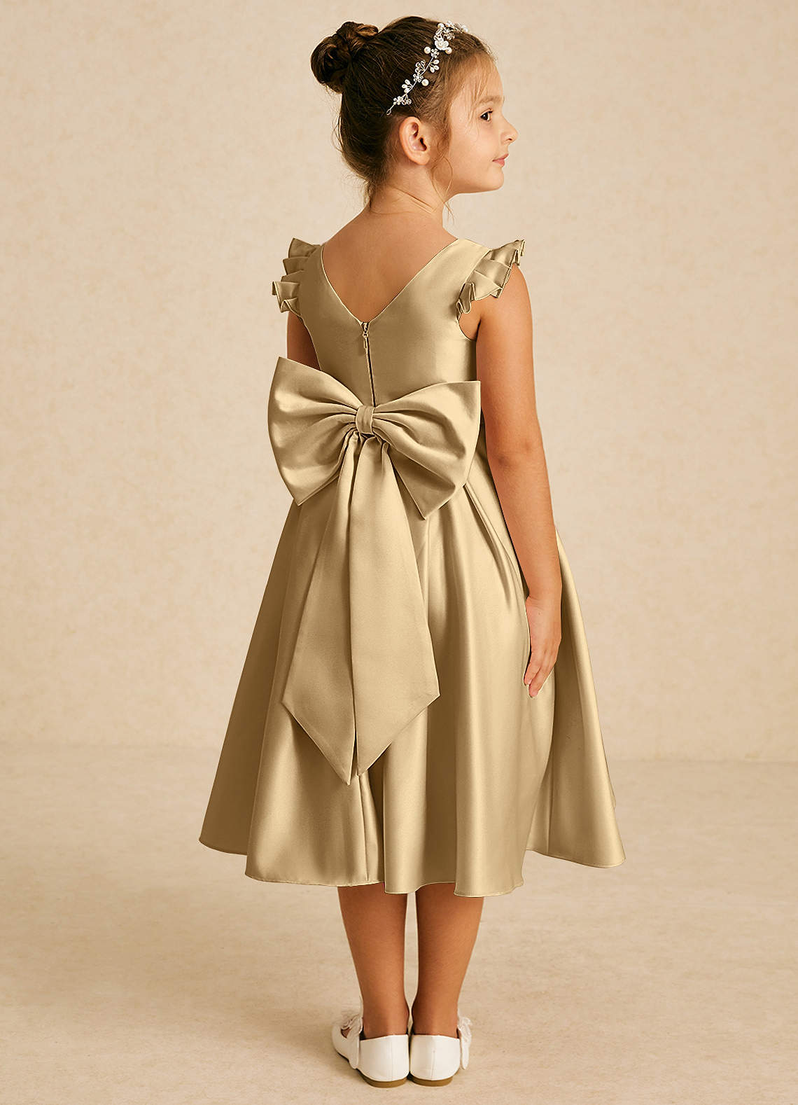 Azazie Francine Flower Girl Dresses Gold A-Line Bow Matte Satin Dress image1