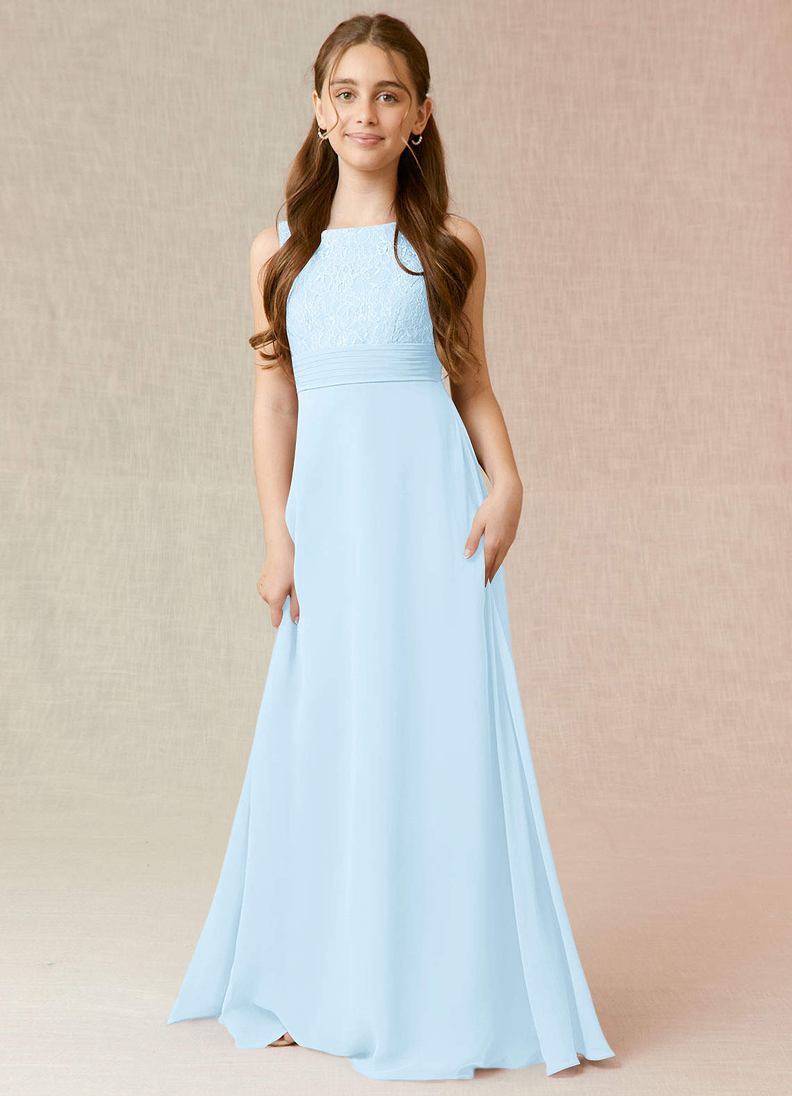 Azazie Snow Junior Sky Blue A-Line Lace Chiffon Dress image1