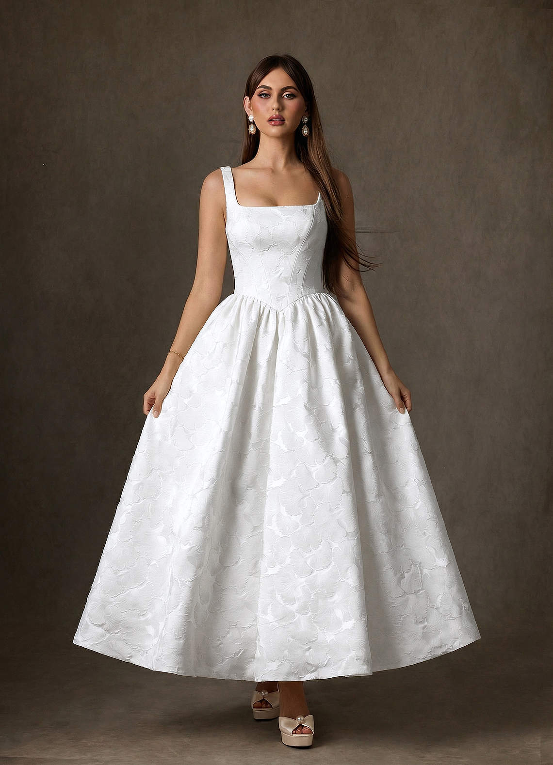 Azazie Verina Wedding Dresses Diamond White A-Line with Pockets Floral Jacquard Dress image3