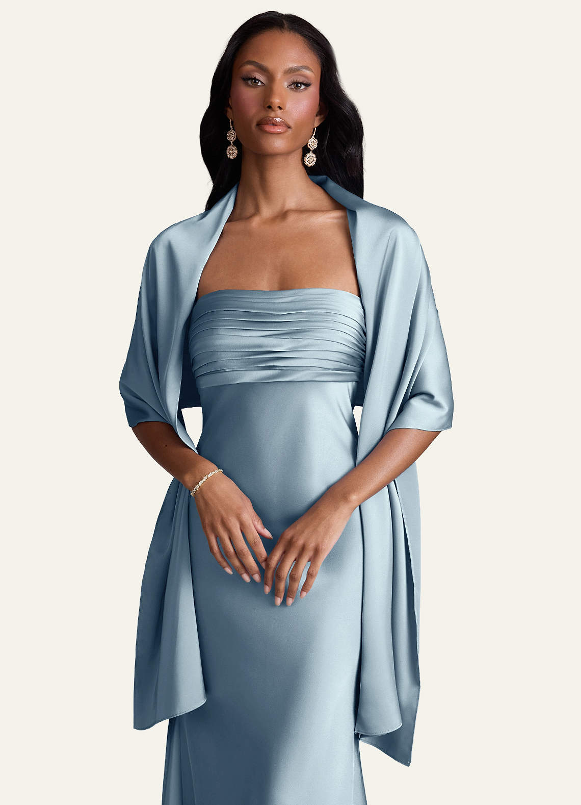 front Azazie Matching Color Aleena Stretch Satin Shawl