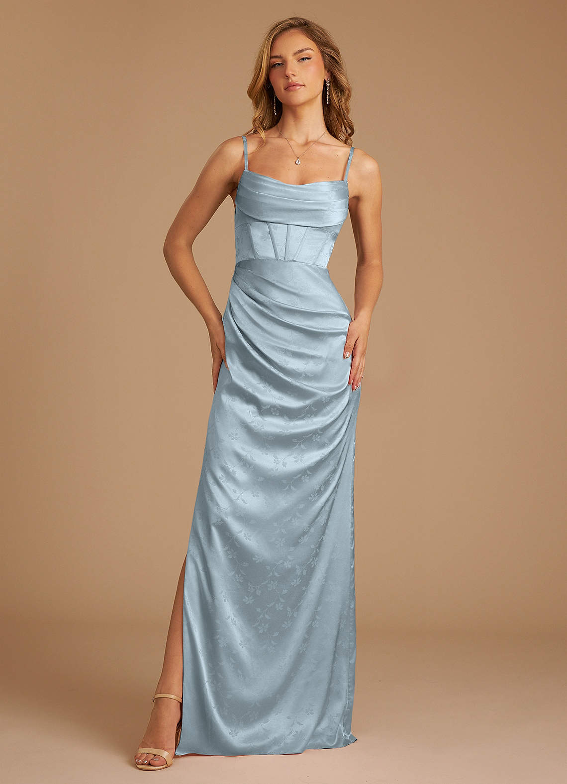 Azazie Mai Bridesmaid Dresses Blue Floral Jacquard Sheath Pleated Floral Jacquard Dress image1