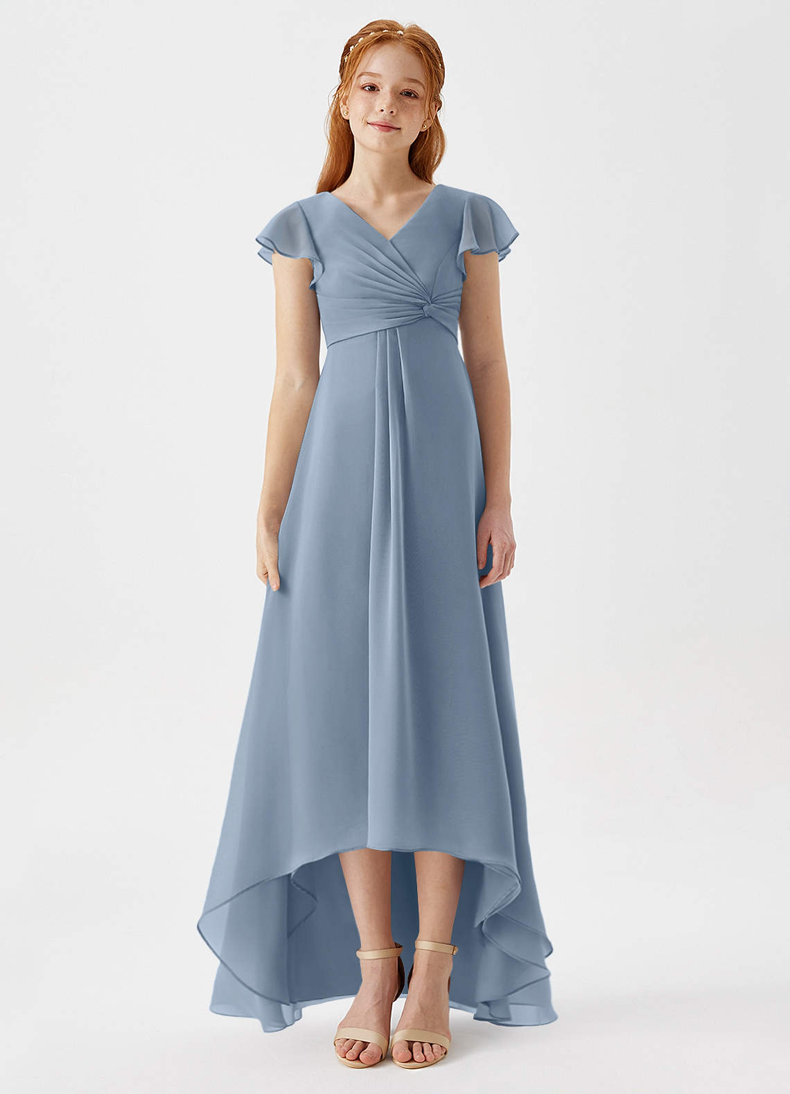 Azazie Breanne Junior Vestido de Azul Polvoriento de Gasa de Corte En A image5