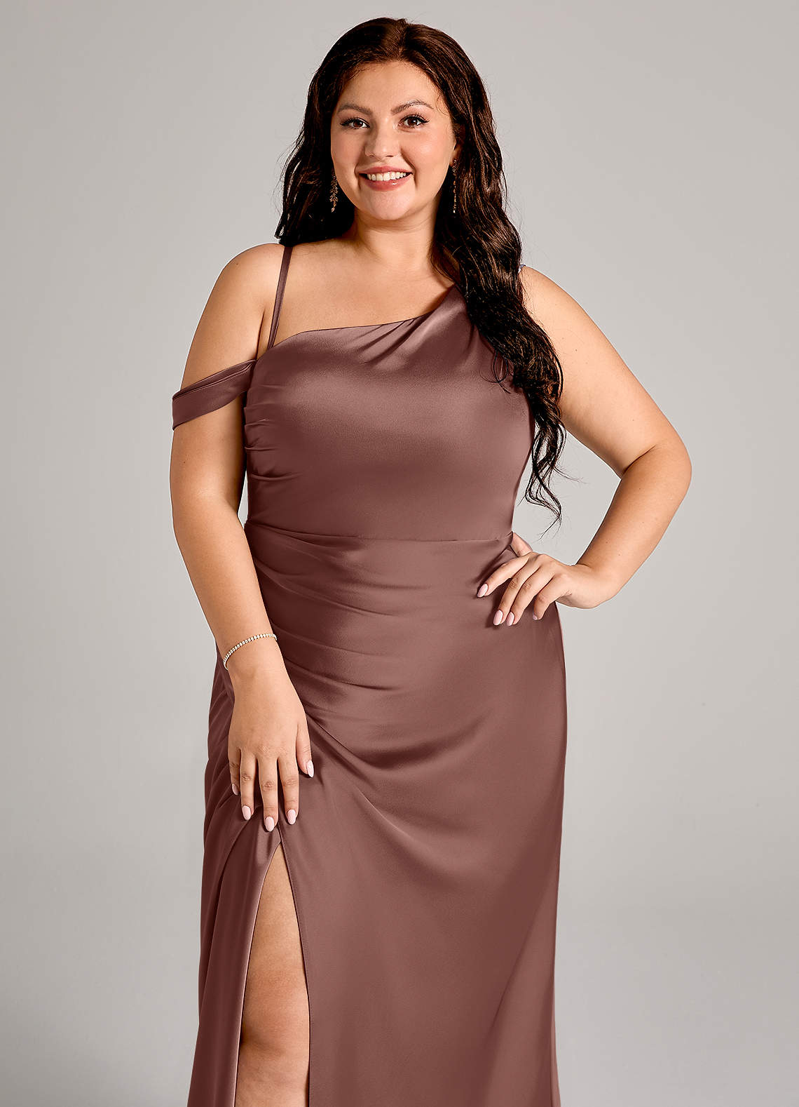 Azazie Madelyn Bridesmaid Dresses Espresso Mermaid One Shoulder Stretch Satin Convertible Dress image10