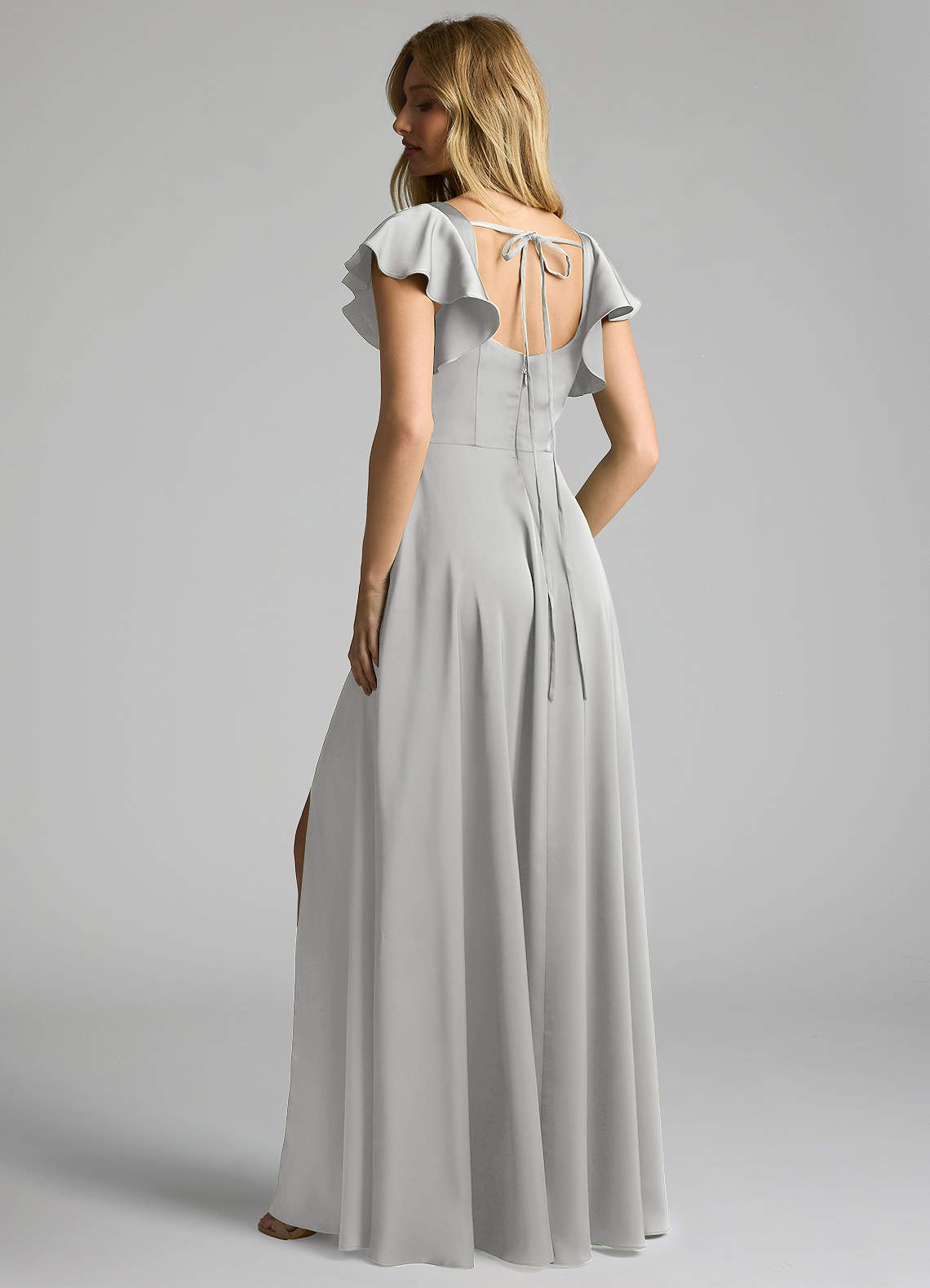 Azazie Bondi Bridesmaid Dresses Silver A-Line Bow Stretch Satin Dress image2