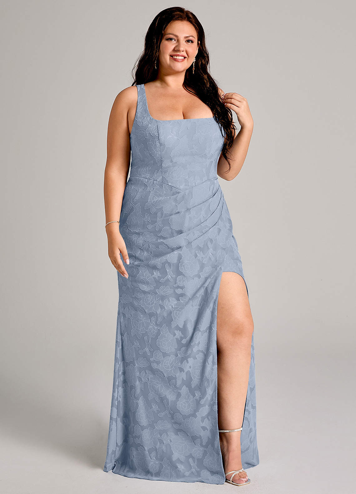 Azazie Mero Bridesmaid Dresses Dusty Blue Sheath Pleated Floral Burnout Dress image9