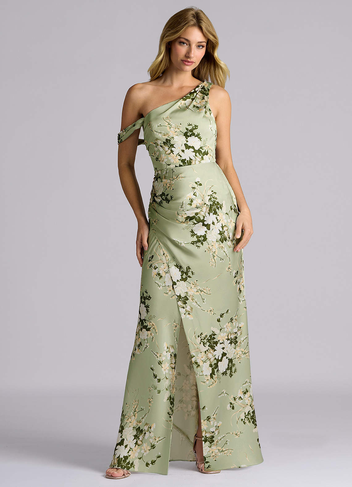 Azazie Madelyn Vestidos de damas de honor Vestido de Enredaderas Florales de Satén Elástico de Corte Sirena Convertible con Hombro unilateral image1