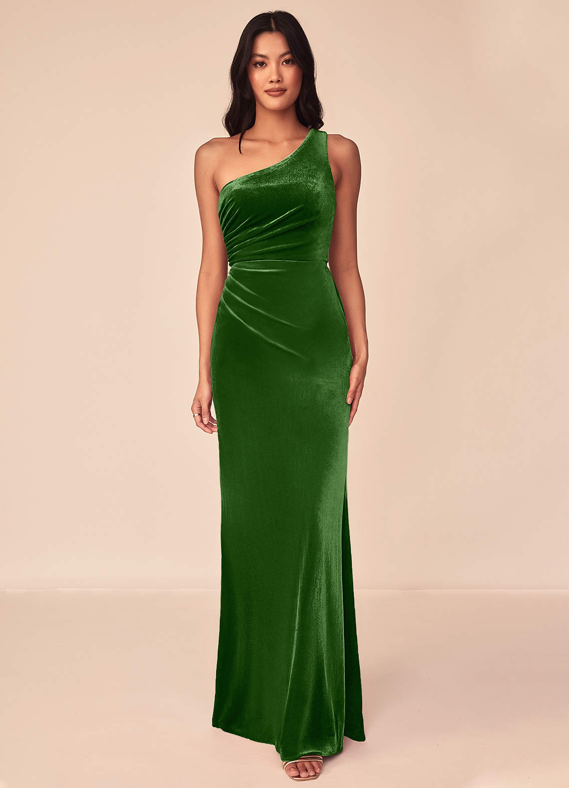 Azazie Argan Brautjungfernkleider A-Linie Eine Schulter Gefaltet Samt Kleid Efeu image1