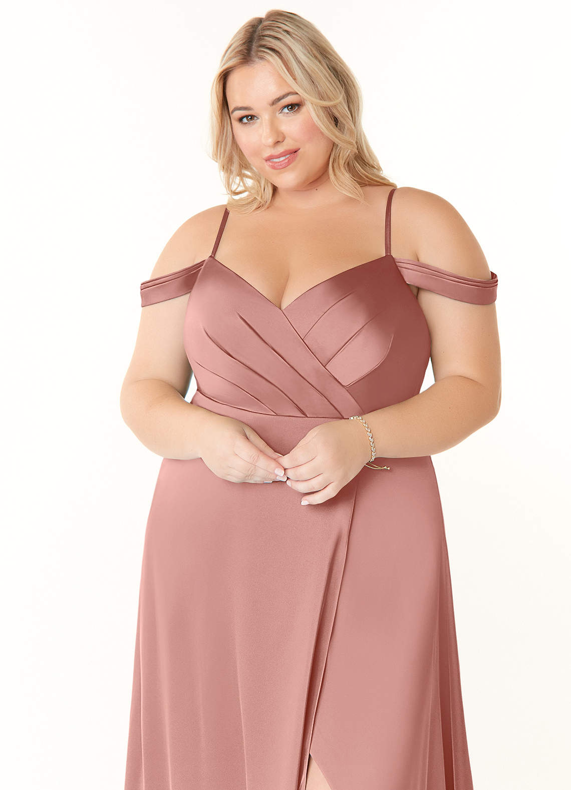 Azazie Ocean Vestidos de damas de honor Vestido de Rosetón de Satén Elástico de Corte en A con Cuello en V Plisado image9