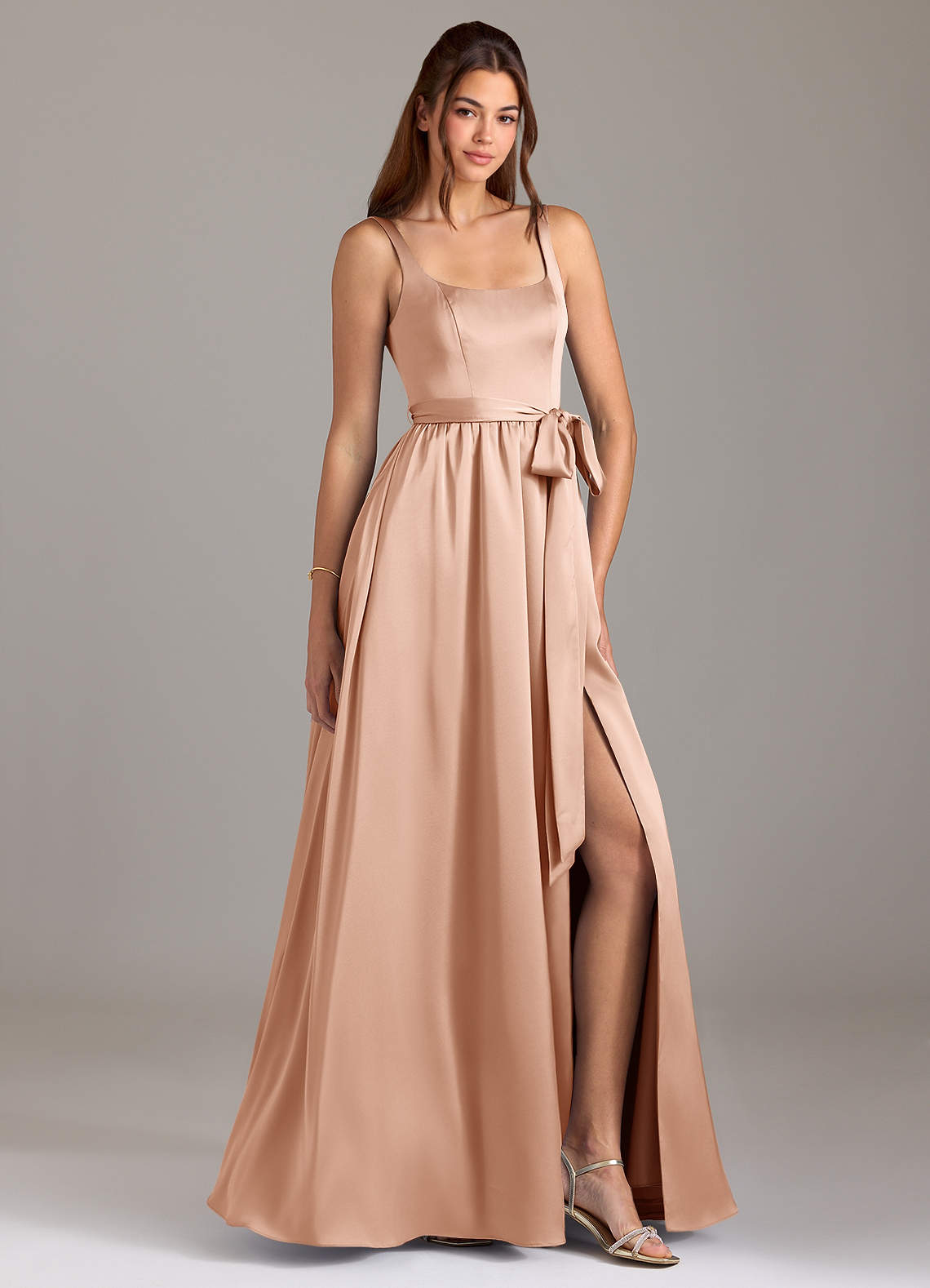Azazie Elliott Bridesmaid Dresses Rose Gold A-Line with Pockets Stretch Satin Dress image1