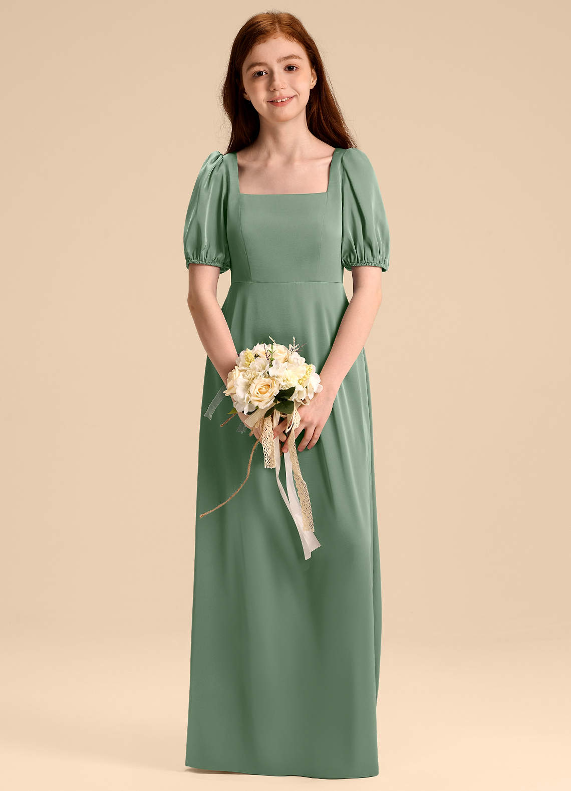 Azazie Briar Junior Abito A-Line in Raso Elasticizzato Fiocco Matcha image1