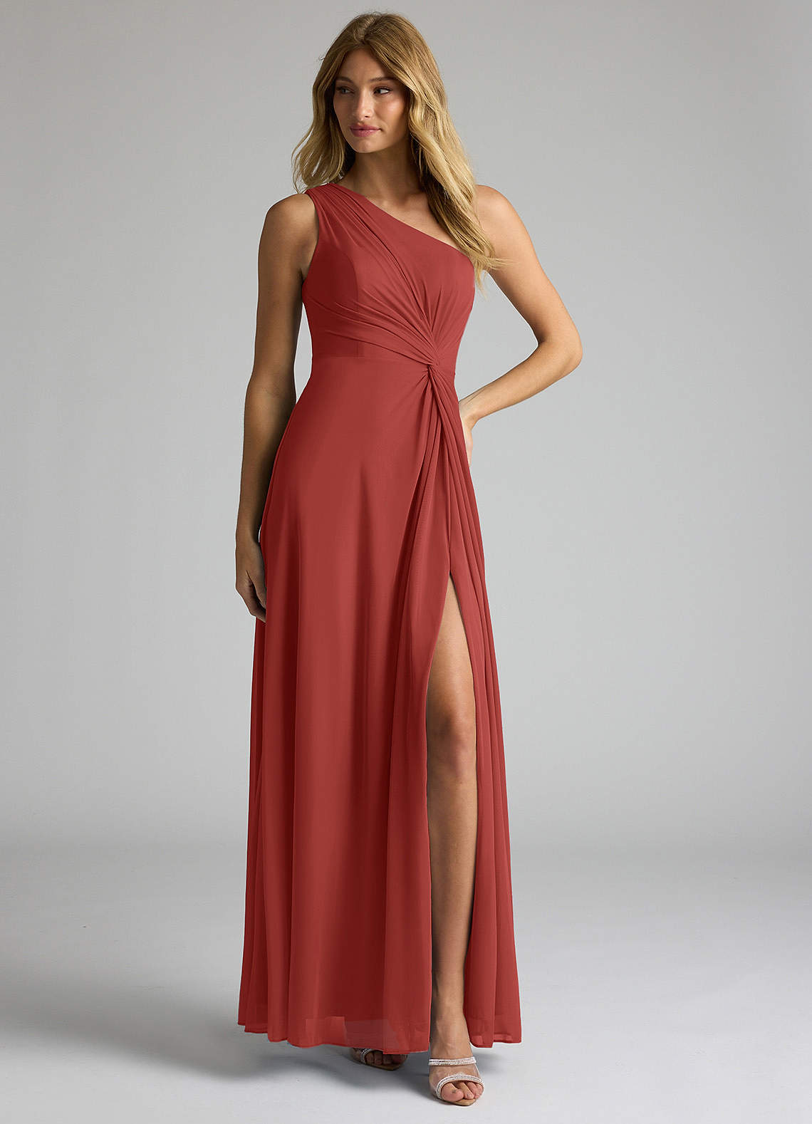 Azazie Brooke Robes de demoiselle d'honneur Robe Trapèze en Maille Une épaule Terracotta image2