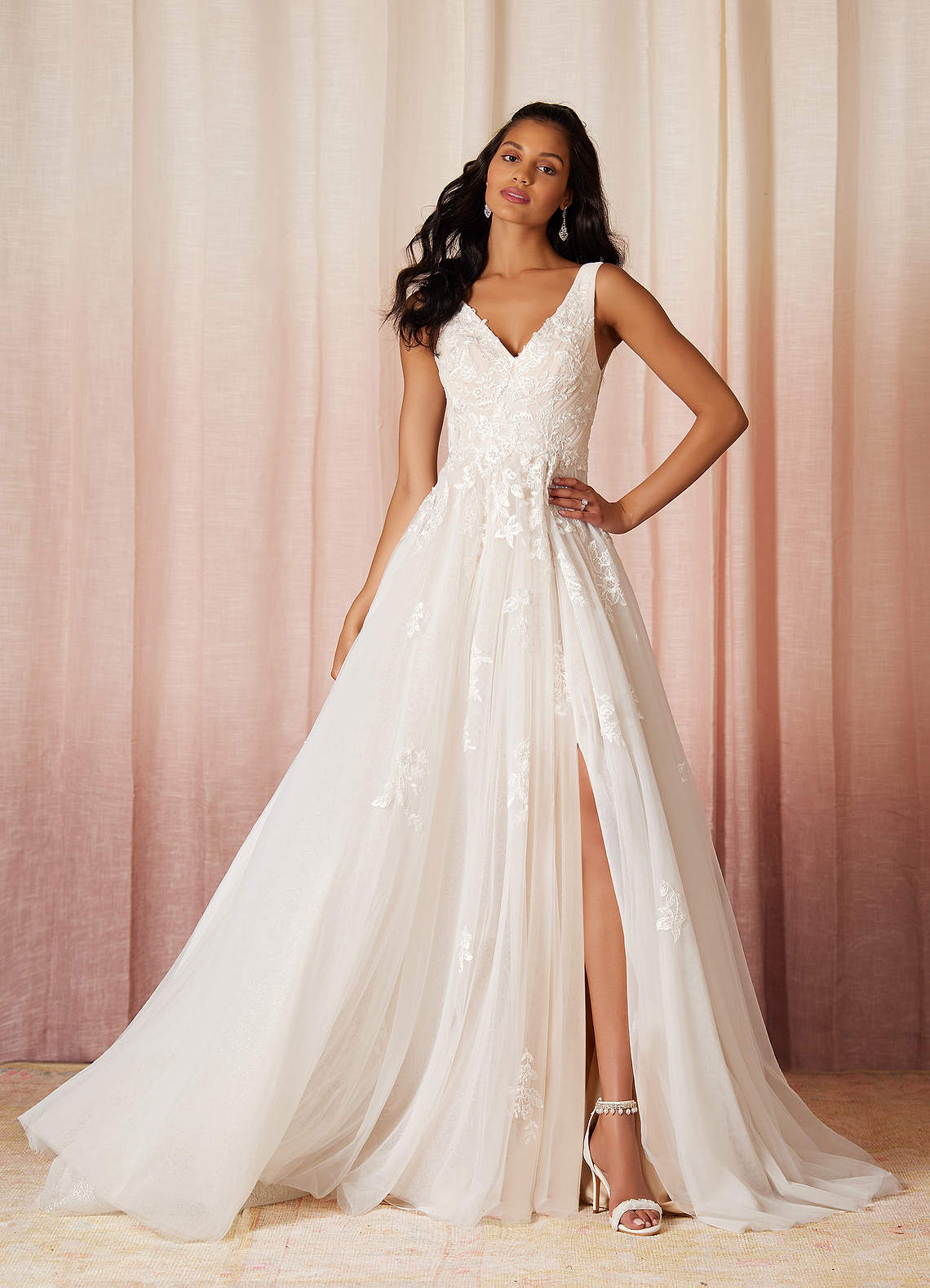 Azazie Joie Wedding Dresses A-Line V-Neck Sequins Tulle Chapel Train Dress image1