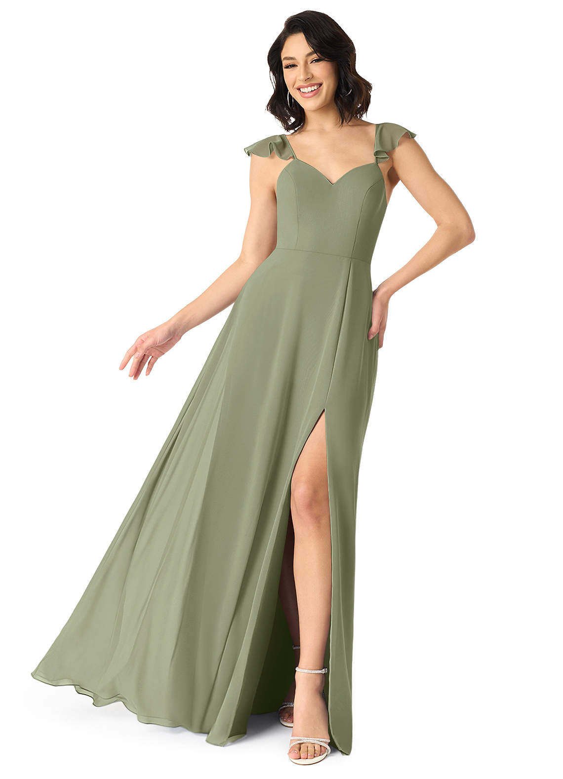 Azazie Everett Bridesmaid Dresses Pistachio A-Line V-neck Ruched Chiffon Dress image1