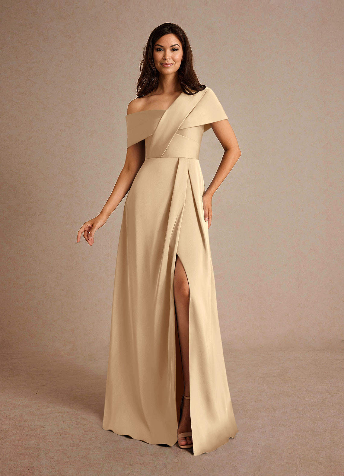 Azazie Milton Champagne A-Line Pleated Stretch Satin Dress | Azazie CA