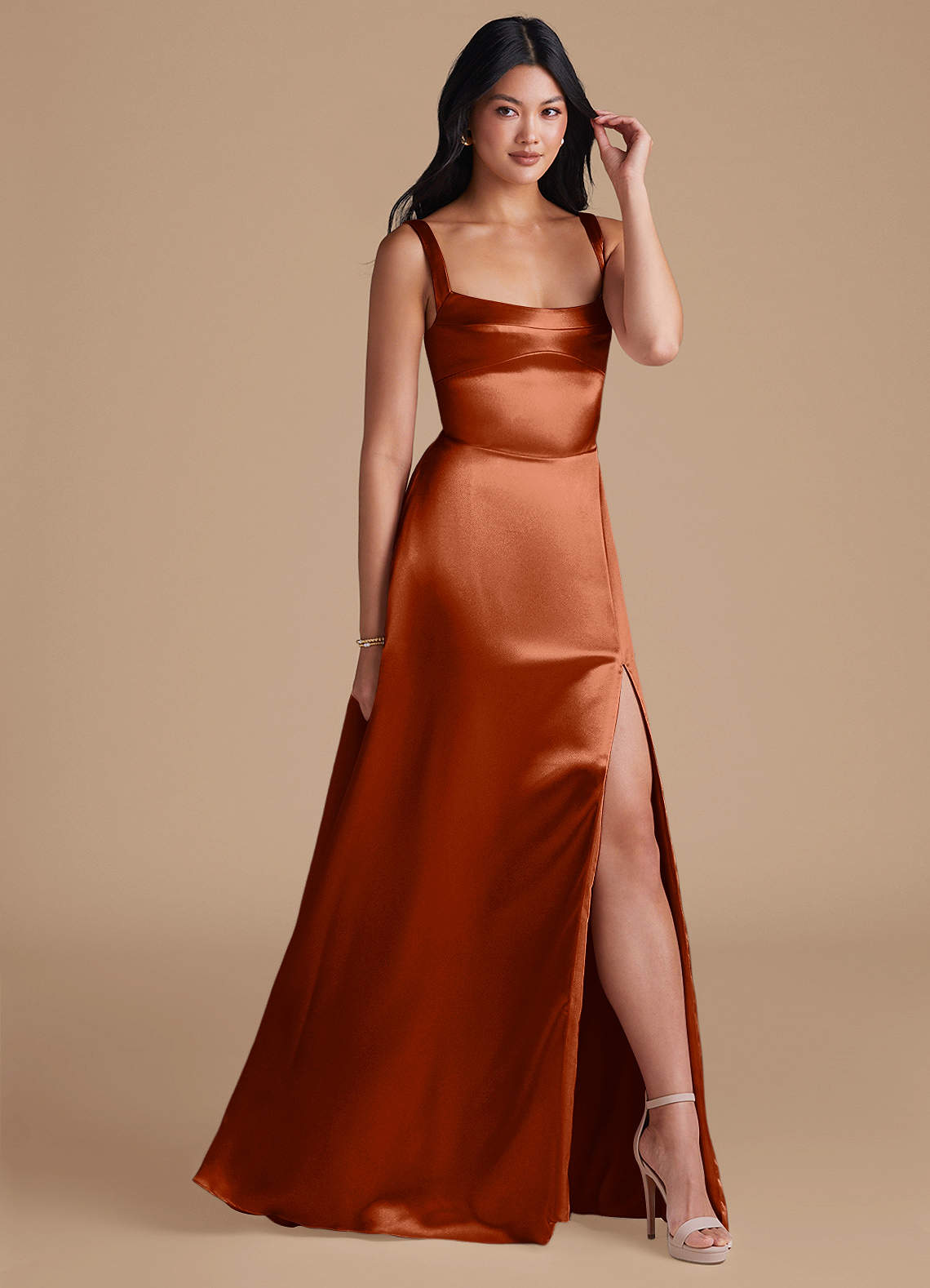 Azazie Hope Bridesmaid Dresses Auburn A-Line with Pockets Metallic Satin Dress image1