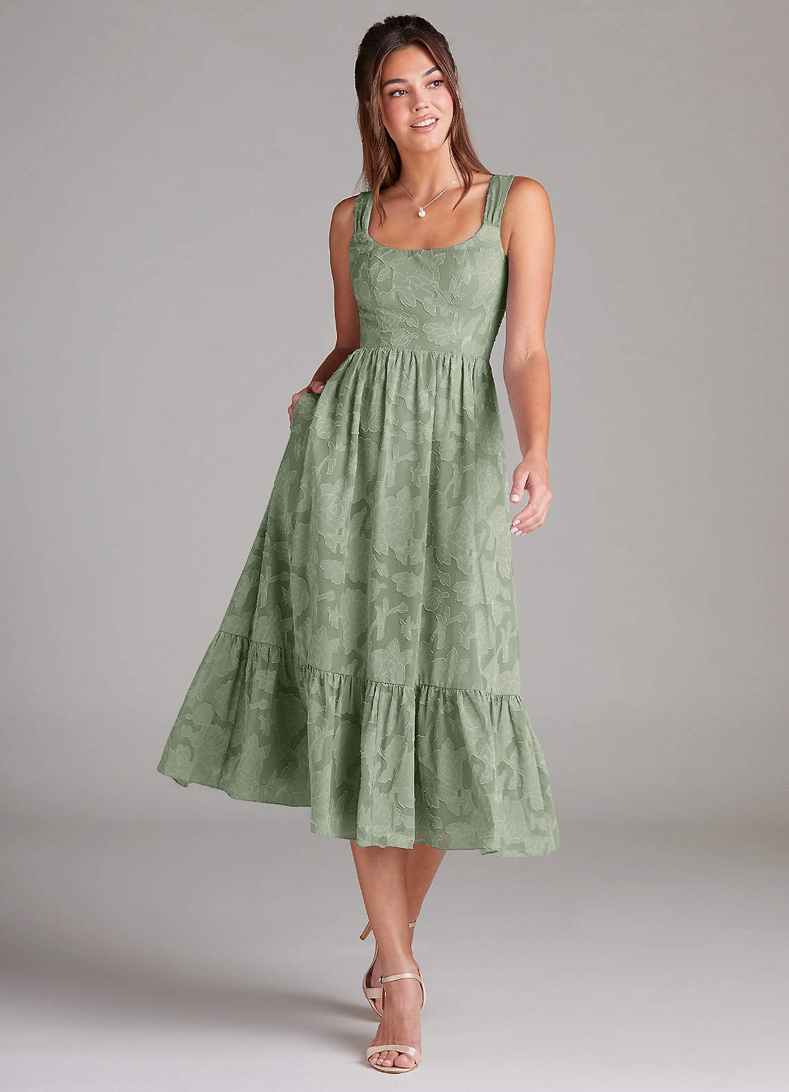 Azazie Alissa Bridesmaid Dresses Agave A-Line with Pockets Floral Burnout Dress image1