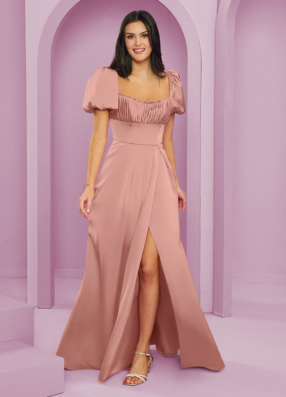 Barbie ♥ Azazie Robes de demoiselle d'honneur Robe Trapèze en Satin extensible Rayé Rosette image1