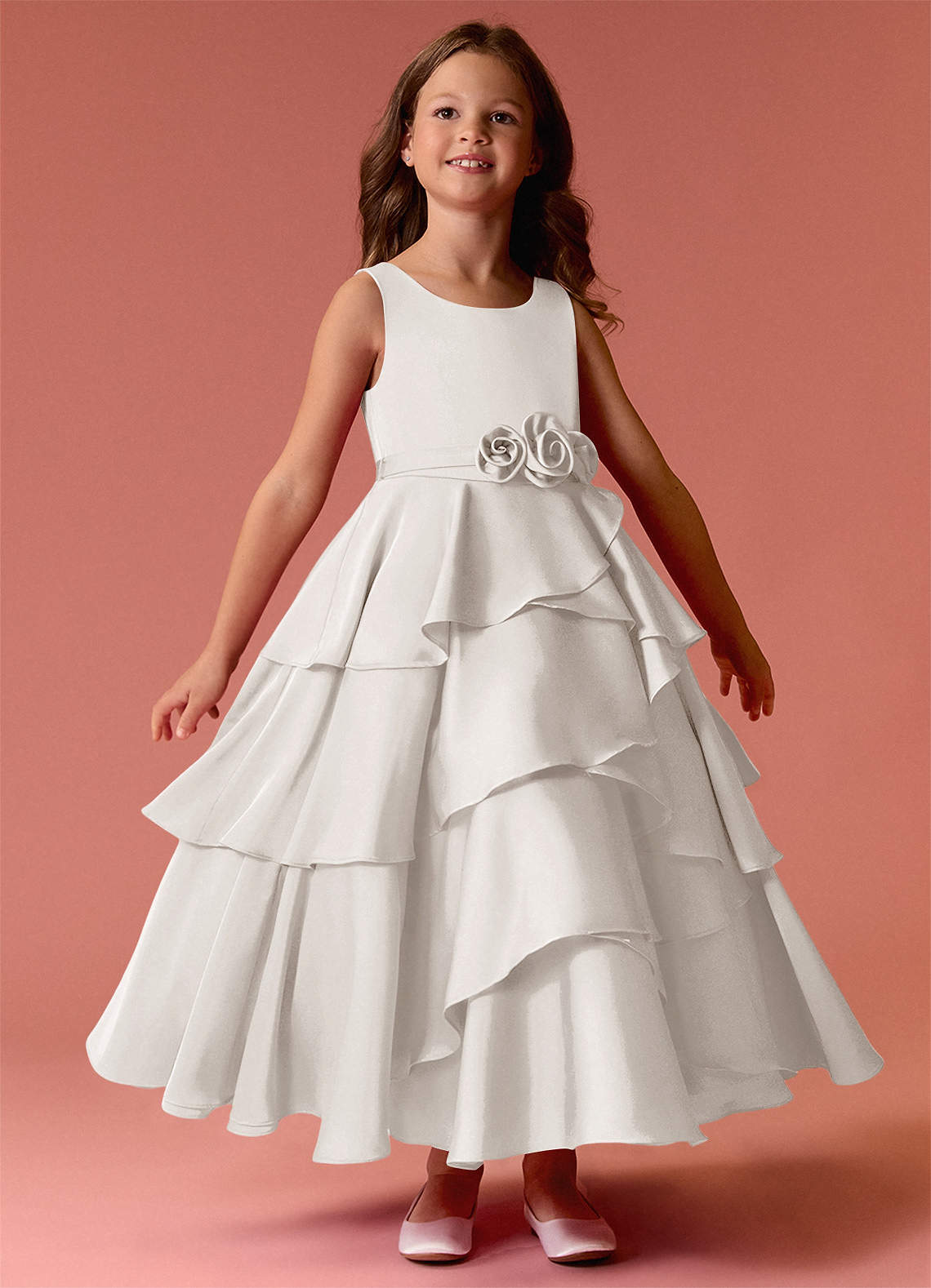 Barbie ♥ Azazie Flower Girl Dresses Scoop Floral Belt Tier Stretch Satin A-Line Dress image4