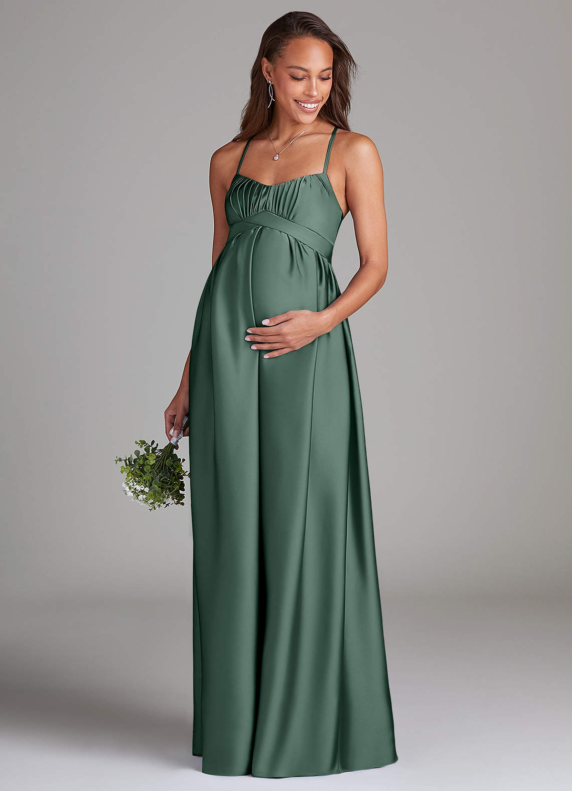 Azazie Llana Vestidos de dama de honra para maternidade Vestir Linha A com bolsos Comprimento do chão Cetim elástico image1
