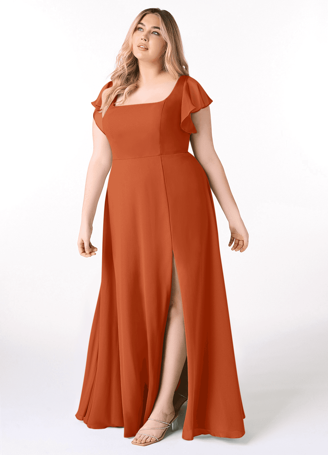 Azazie Bondi Bridesmaid Dresses Burnt Orange A-Line Ruffled Chiffon Dress image8