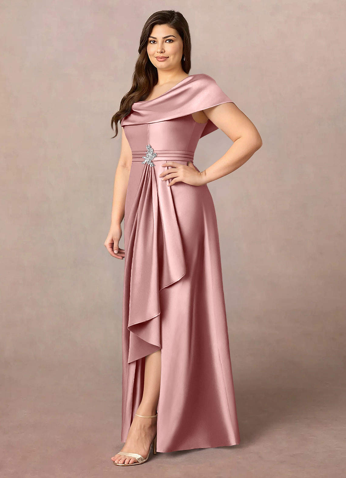 Azazie Branford Mother of the Bride Dresses Dusty Rose A-Line Pleated Stretch Satin Dress image10