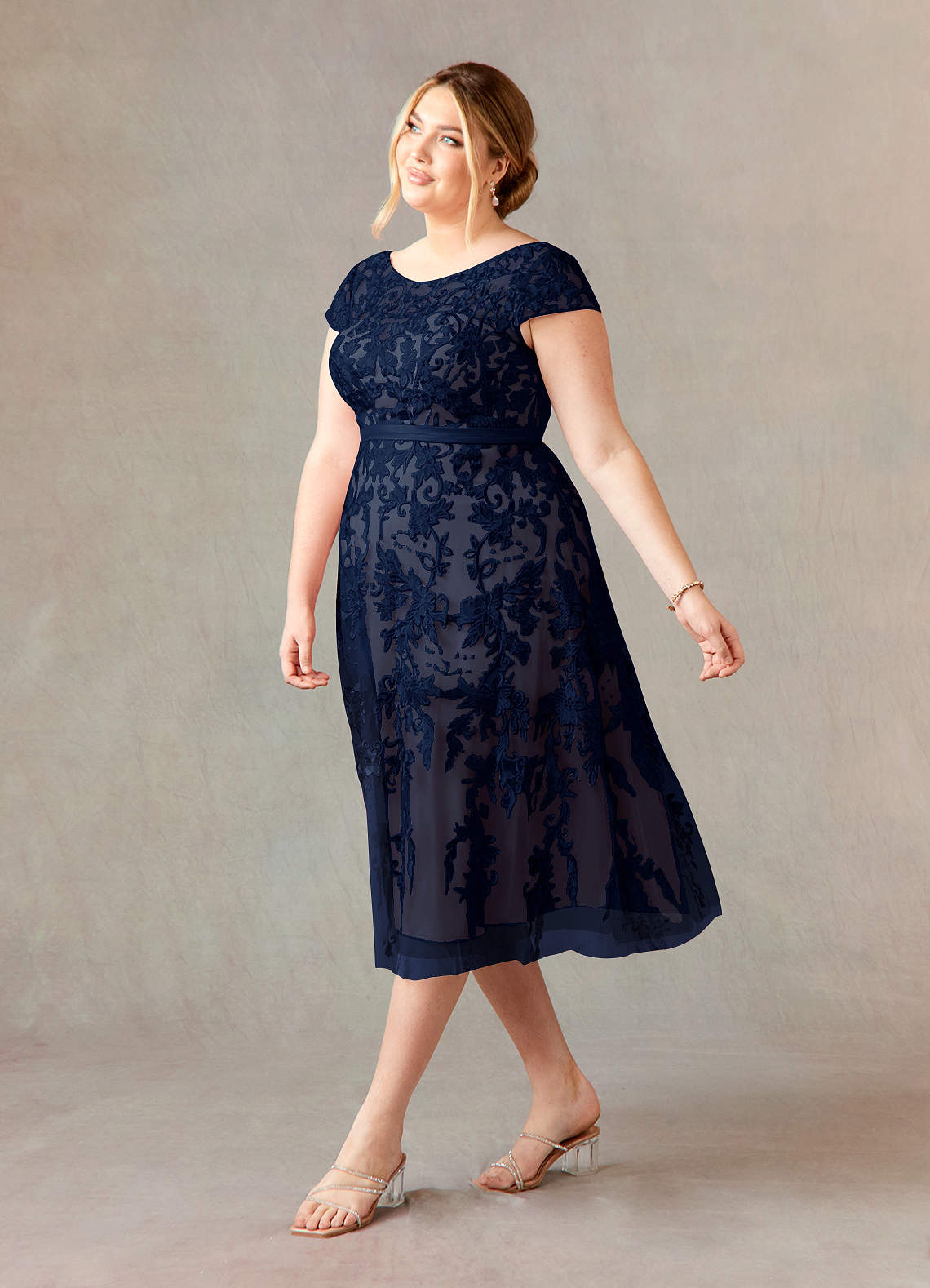 Azazie Sanna Mother of the Bride Dresses Dark Navy Champagne A-Line Scoop Lace Tulle Dress image8