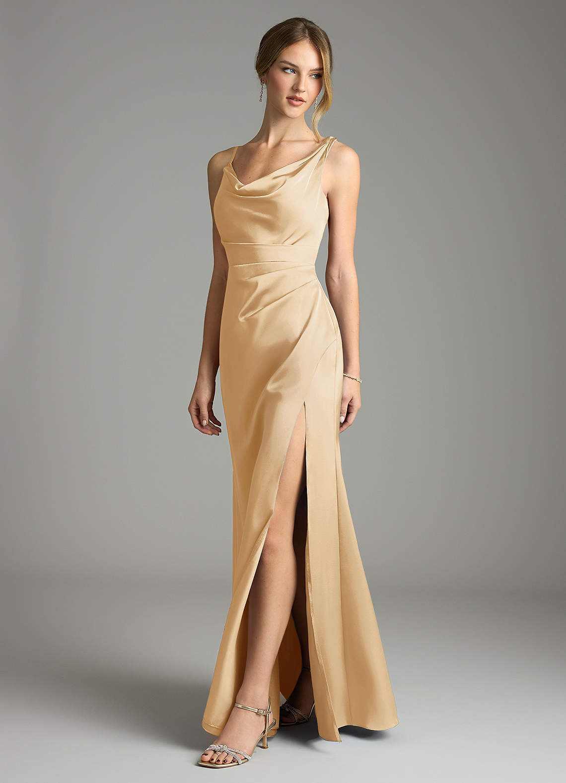 gold bridesmaid dresses under 100 Backless Long Beach V-Neck Gold Bridesmaid Dresses Slit Side – MyChicDress main image 0