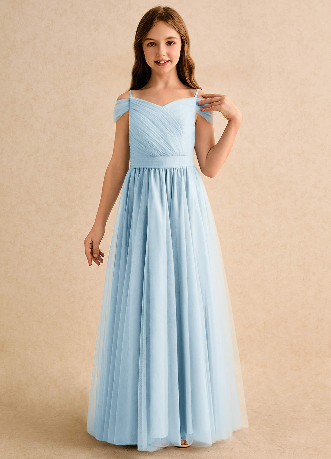Azazie A-Line/Princess Off The Shoulder Floor-Length Tulle Flower Girl Dresses - Sky Blue Azazie A-Line/Princess Off The Shoulder Floor-Length Tulle Flower Girl Dresses - Sky Blue