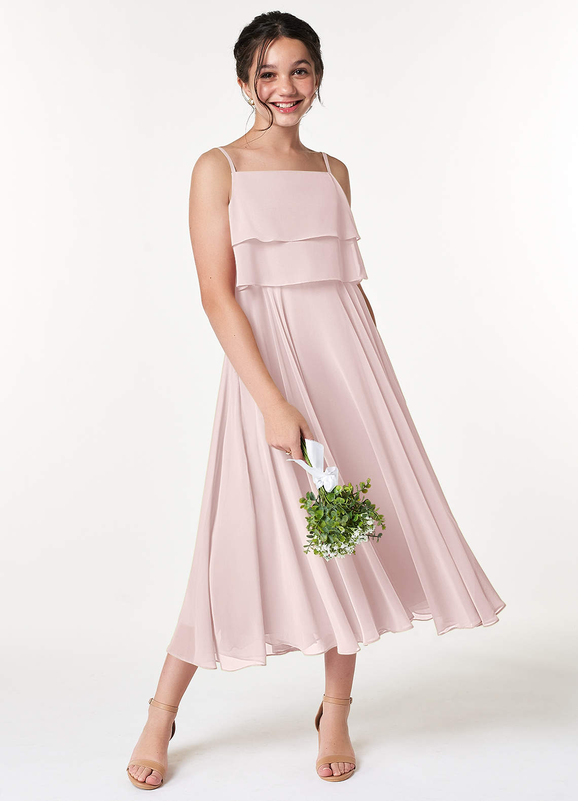 Azazie Ensley Junior Blushing Pink A-Line Pleated Chiffon Dress image1
