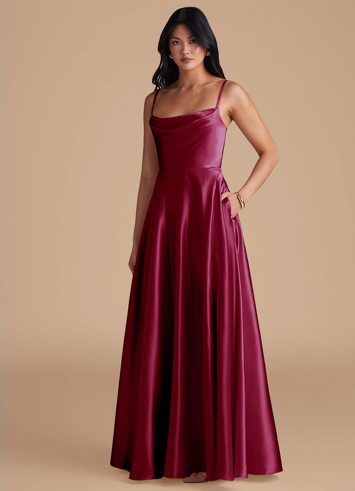 Elle Merlot A-Line with Pockets Maxi Satin Dress image1
